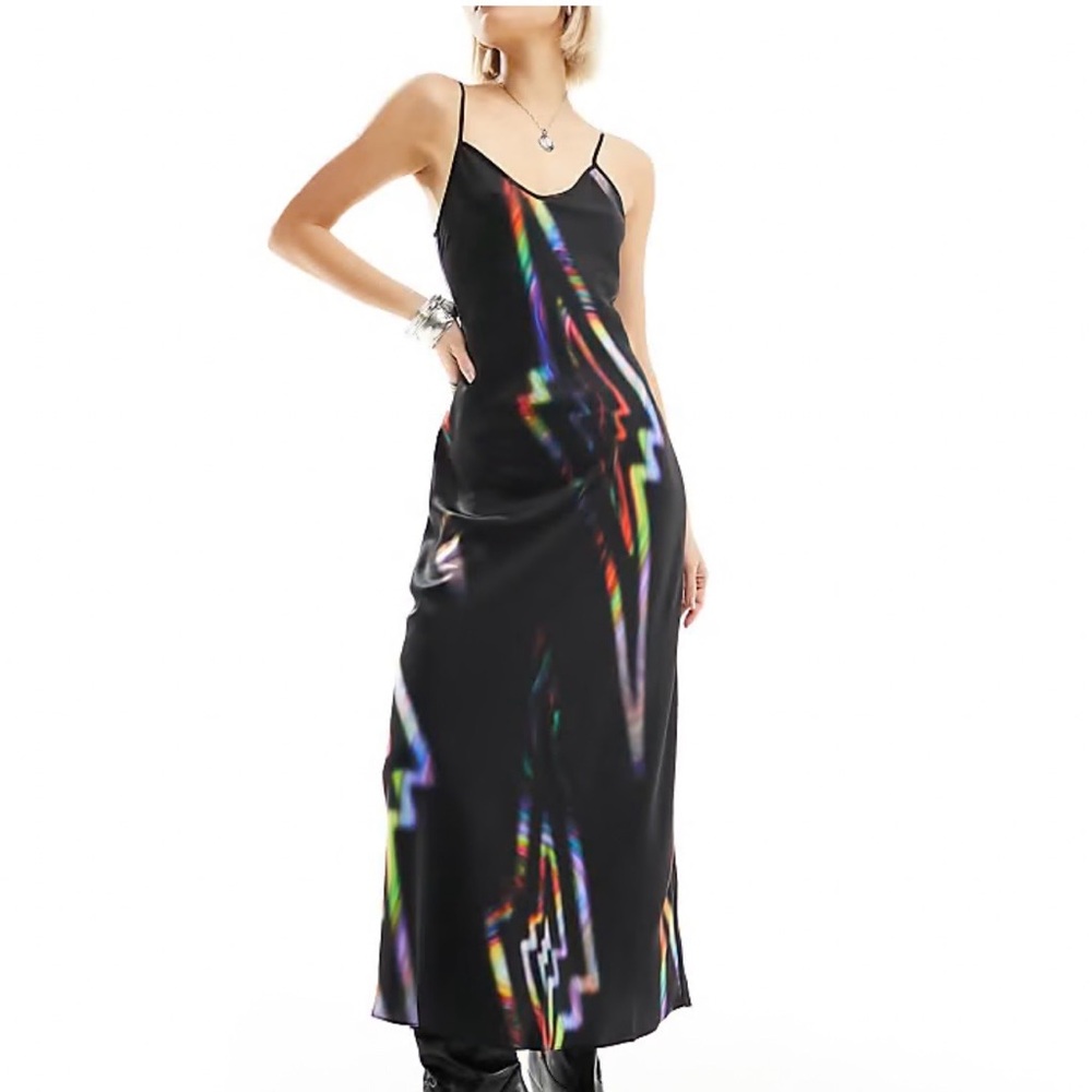 AllSaints Black Maxi Slip Dress with Iridescent Rainbow Details